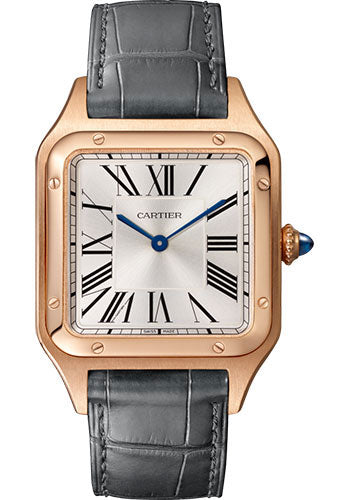 Cartier Santos-Dumont Watch - 43.5 mm Pink Gold Case - Silver Dial - Gray Strap - WGSA0021