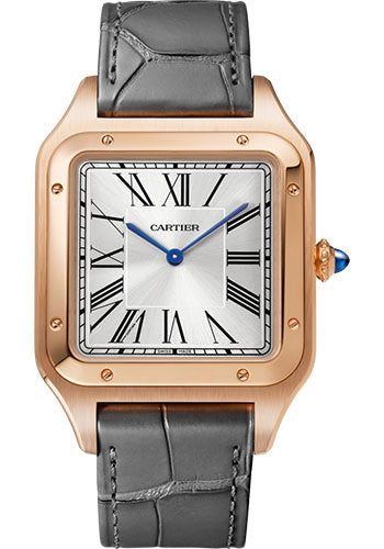 Cartier Santos-Dumont Watch - 46.6 mm x 33.9 mm Pink Gold Case - Silver Dial - Gray Leather Strap - WGSA0032