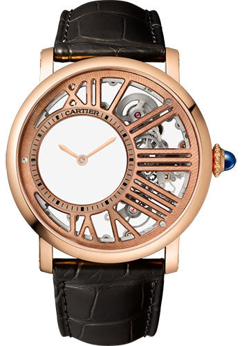 Cartier Rotonde de Cartier Mysterious Hour Skeleton 42 Mm Watch - 42 mm Pink Gold Case - Skeleton Dial - Dark Gray Leather Strap - WHRO0060