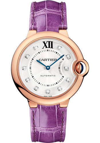 Cartier Ballon Bleu de Cartier Watch - 36 mm Pink Gold Case - Diamond Dial - Purple Alligator Strap - WJBB0010