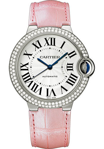 Cartier Ballon Bleu de Cartier Watch - 36 mm White Gold Diamond Case - Pearly Pink Alligator Strap - WJBB0011