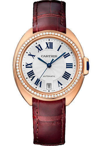 Cartier Cle De Cartier Watch - 35 mm Pink Gold Diamond Case - Diamond Bezel - Silver Dial - Bordeaux Alligator Strap - WJCL0013