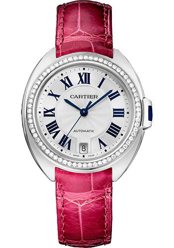 Cartier Cle De Cartier Watch - 35 mm White Gold Diamond Case - Diamond Bezel - Silver Dial - Fuchsia Pink Alligator Strap - WJCL0014