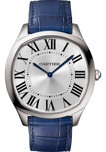 Cartier Drive de Cartier Extra-Flat Watch - 38 mm Steel Case - Silvered Dial - Blue Alligator Strap - WSNM0011