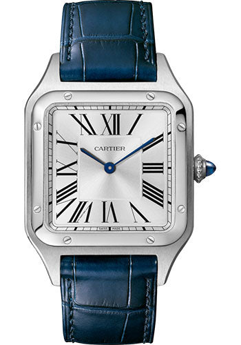 Cartier Santos-Dumont Watch - 43.5 mm Steel Case - Silver Dial - Navy Blue Strap - WSSA0022