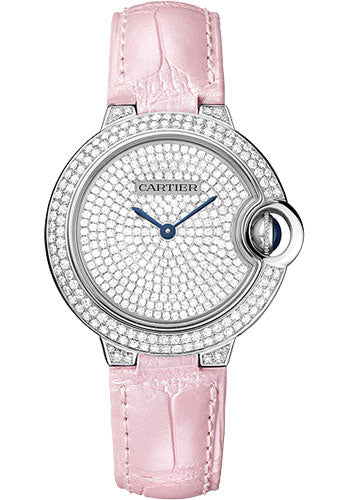 Cartier Ballon Bleu de Cartier Watch - 33 mm White Gold Diamond Case - Diamond Paved Dial - Pearly Pink Alligator Strap - WE902047