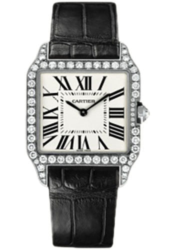 Cartier Santos-Dumont Watch - Small White Gold Diamond Case - Silver Dial - Alligator Strap - WH100251