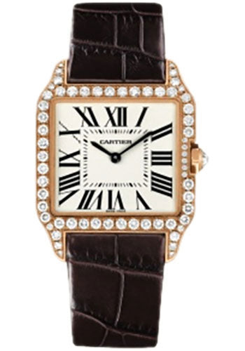 Cartier Santos-Dumont Watch - Small Pink Gold Diamond Case - Silver Dial - Alligator Strap - WH100351